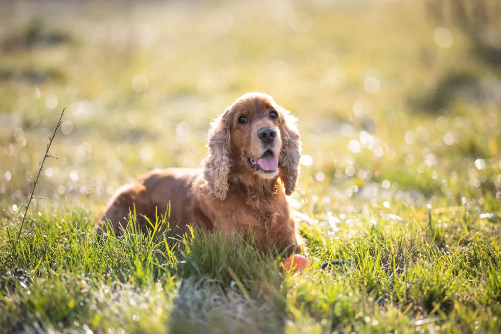 A happy cocker spaniel lying in long grass in warm evening sun, tongue out